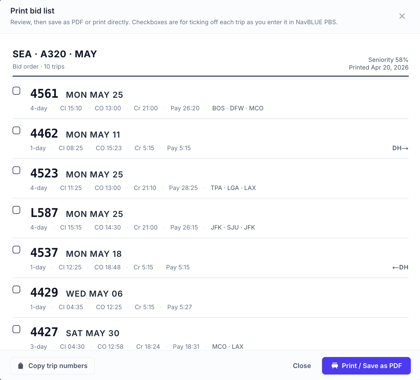 The printable bid list modal